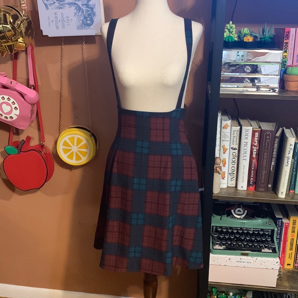 Small ModCloth Burgundy & Forest Green Plaid Skirt with Suspenders and POCKETS!